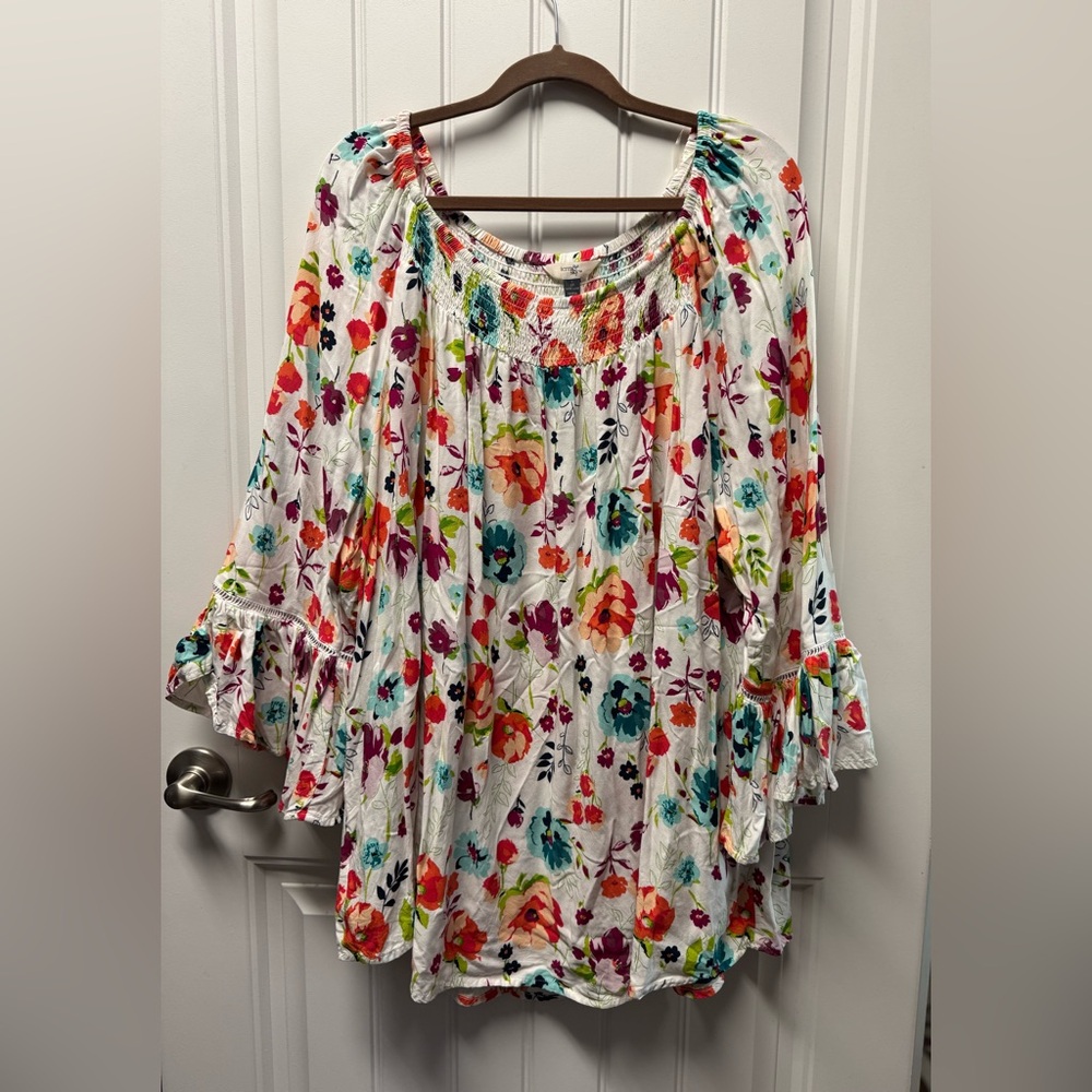 Terra & Sky Multicolor Floral Blouse with Ruffled Sleeves